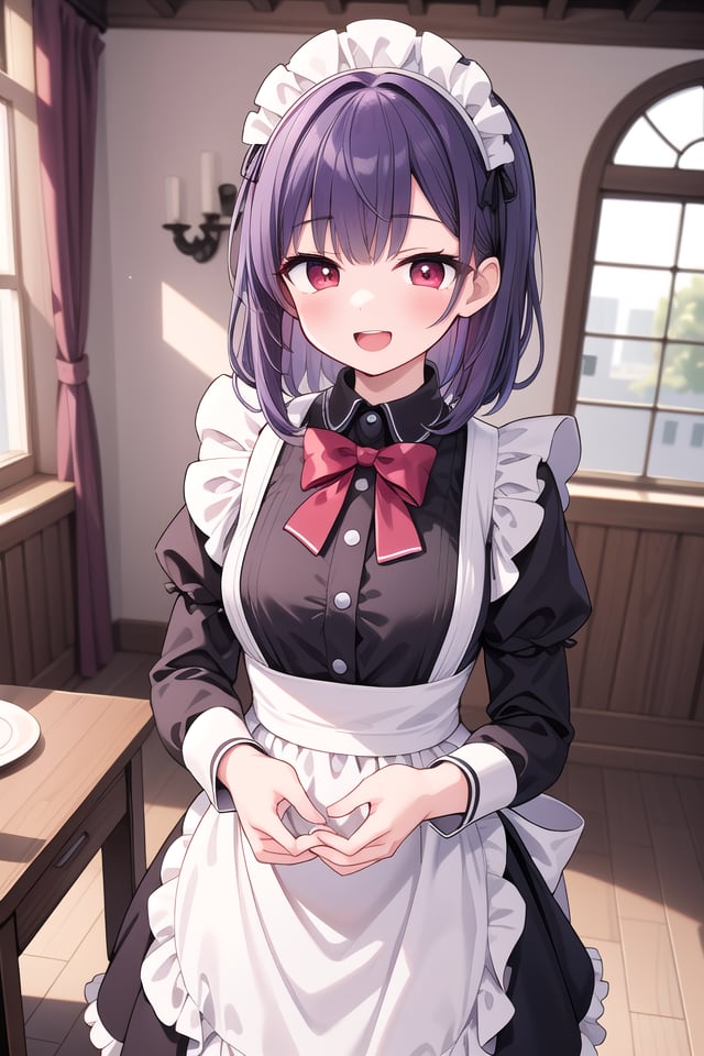 insanely detailed, absurdres, ultra-highres, ultra-detailed, best quality,1girl, solo, nice hands, perfect handsBREAK(cleavage:-1.5),(traditional maid:1.2),apron, blush, bow, bowtie, frilled apron, frills, long sleeves, maid, maid apron, maid headdress, waist apron, white apron,(maid costume, maid hair dress:1.3), long skirtBREAKhappy smile, laugh, open mouthBREAKfrom above,standing, cowboy shot, looking at viewerBREAKslender, kawaii, perfect symmetrical face, ultra cute girl, ultra cute face, ultra detailed eyes, ultra detailed hair, ultra cute, ultra beautifulBREAKfantasy world, in castle, indoors, antique interior, depth of field, ultra detailed backgroundBREAKmedium large breastsBREAK(purple hair, red eyes), medium hair, hime cut