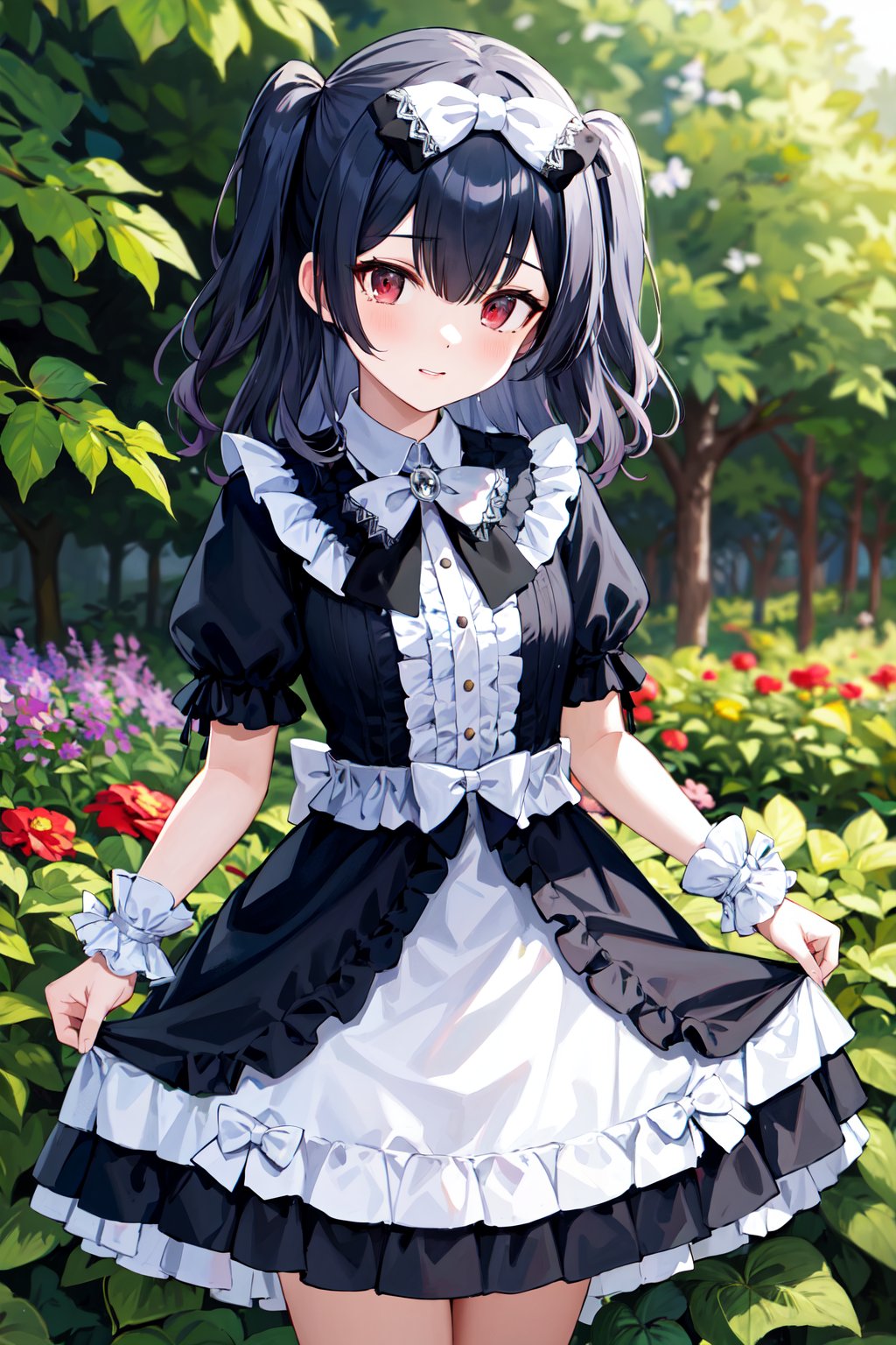 masterpiece, best quality, highres, ddrizne, two side up, hair bow, white bow, gothic, black bow, frilled dress, black dress, center frills, short sleeves, wrist cuffs, <lora:morino_rinze_v1:0.7>, standing, cowboy shot, skirt hold, garden