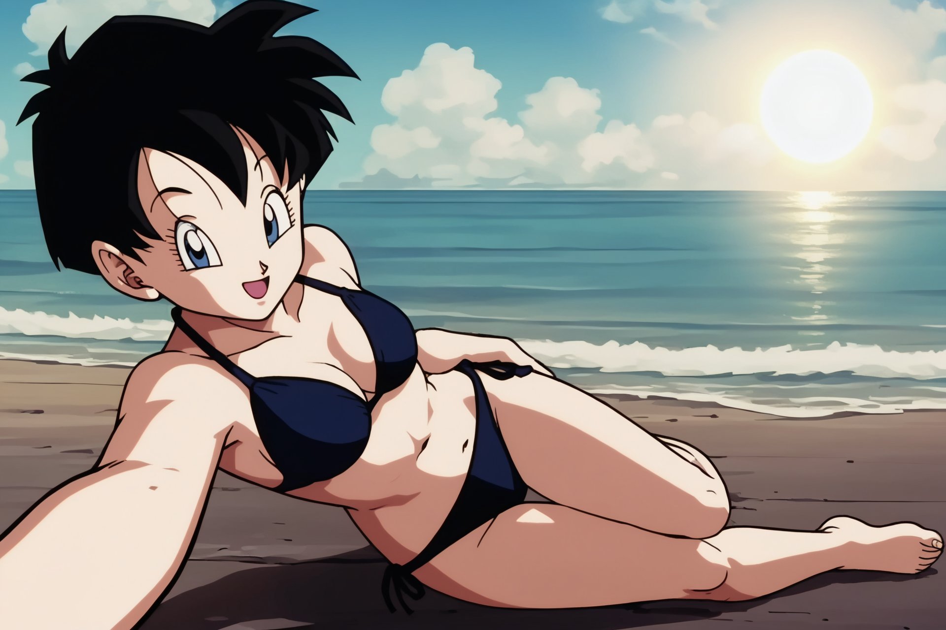 source_anime, score_9, score_8_up, score_7_up, anime screencap,videldbz, 1girl, solo, looking at viewer, smile, short hair, spiked hair, blue eyes, black hair, barefoot, outdoors, sky, day, cloud, water, blue sky, ocean, beach, wind lift, raised eyebrows, selfie, bikini, from above, sunlight, lying on side, barefoot, sexy pose, <lora:Videl_pony_v1:0.8>