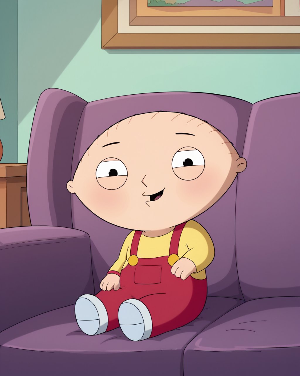 score_9, score_8_up, score_7_up, zPDXL,   <lora:FamilyGuy_style_PDXL:0.95>source_cartoon, familyguystyle, 2d, circle eyes, dot pupils, 1boy, stewie griffin, toddler, yellow shirt, red overalls, bald, looking at viewer, sitting on couch