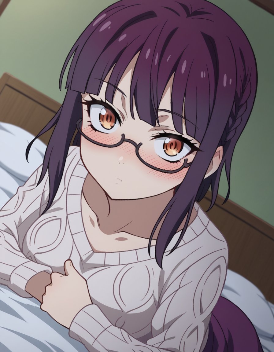 score_9, score_8_up, score_7_up, source_anime,sumikafujimiya, <lora:sumika-fujimiya-s1-ponyxl-lora-nochekaiser:1>,sumika fujimiya, brown eyes, purple hair, braid, glasses, semi-rimless eyewear, under-rim eyewear,sweater, long sleeves, collarbone, skirt, purple skirt,indoors, bed, bed room, on side, blush, drunk,looking at viewer, dutch angle,