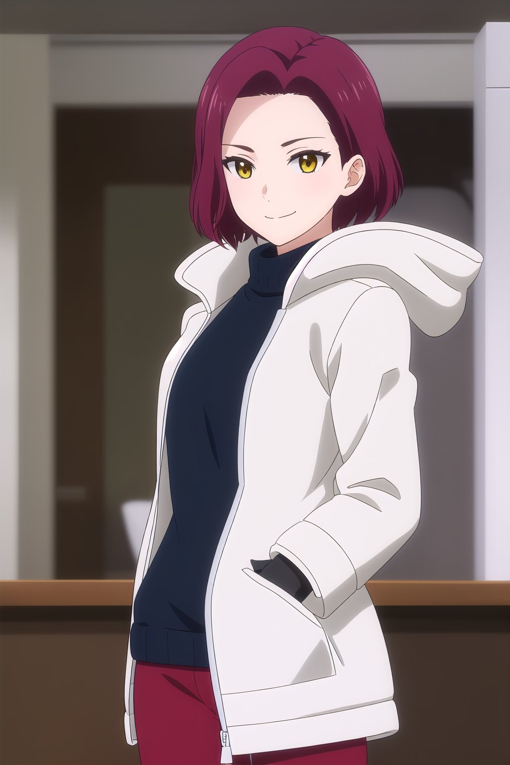 (masterpiece, best quality), highly detailed background, perfect lightingbest quality, matsunagayouko, solo, indoors, red hair, parted bangs, forehead, short hair, yellow eyes, medium breasts, white coat, hooded coat, hood down, open coat, zipper, turtleneck sweater, black sweater, long sleeves, black gloves, red pants, smile, closed mouth, :), <lora:Matsunaga-Youko:0.7>