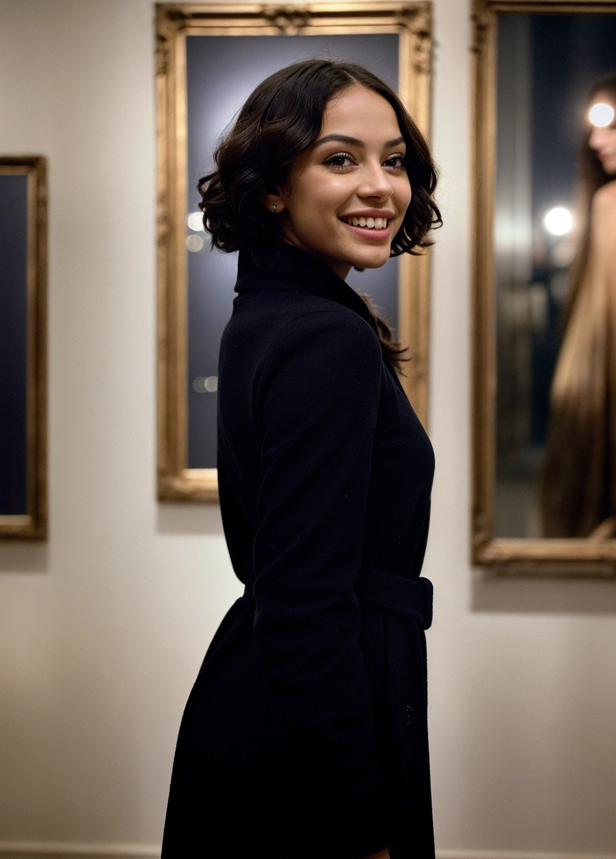 candid dark backside closeup close up nude face portrait of a Glamorous Hollywood (nigerian woman:1.2) model (with long Cinnamon Curly Bob Haircut:1.2), (posing in Historic Art Museum with Priceless Masterpieces and Sculptures during dazzling twinkling cold night :1.2), (wearing Polar Explorer Attire with Fur-lined Parkas and Waterproof Boots:1.2), at dark night, moonlight, exposed naked very small boobs, (bright teeth smiling laugh), (Bowing:1.1),  Luminous Ring light, (bright flash photography:1.2), Primary colors aesthetic, (focus on the eyes), (hard shadows, pitch black background, unlit,  dark theme, dim lighting, deep contrast:1.2), (background in focus), (motion blur, out of focus)