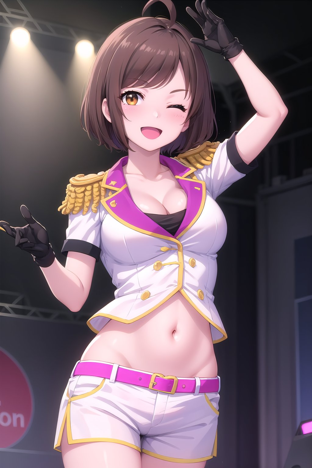 (masterpiece, best quality), highly detailed background, perfect lightingbest quality, imyujin, solo, indoors, stage, stage lights, idol, brown hair, ahoge, swept bangs, parted bangs, short hair, one eye closed, brown eyes, medium breasts, epaulettes, white shirt, crop top, cleavage, short sleeves, black gloves, stomach, navel, pink belt, white shorts, short shorts, military uniform, smile, open mouth, ;d, <lora:Im-Yujin-05:0.7>