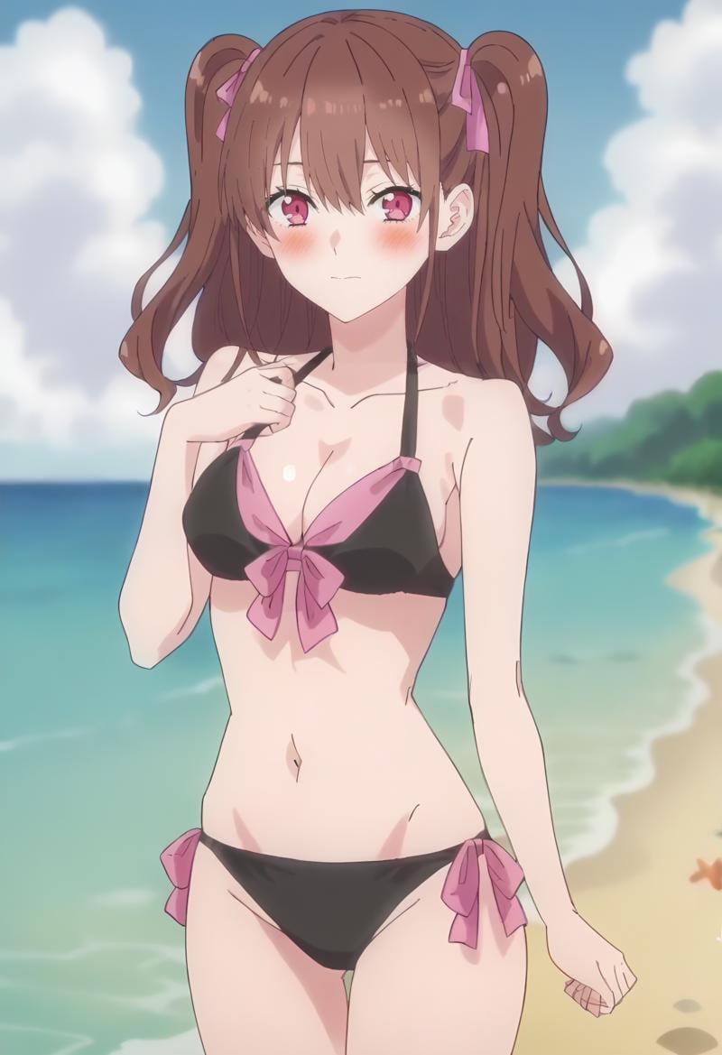 Mikari Tachibana, 1girl, ribbon, brown hair,  two side up, solo, hair ribbon, pink eyes, long hair, twintails, blush,  pink ribbon,black bikini, beach, looking at viewer, cleavage, cowboy shot<lora:Mikari Tachibana:0.9>, score_9, score_7_up,anime coloring ,source_anime, anime, anime screencap