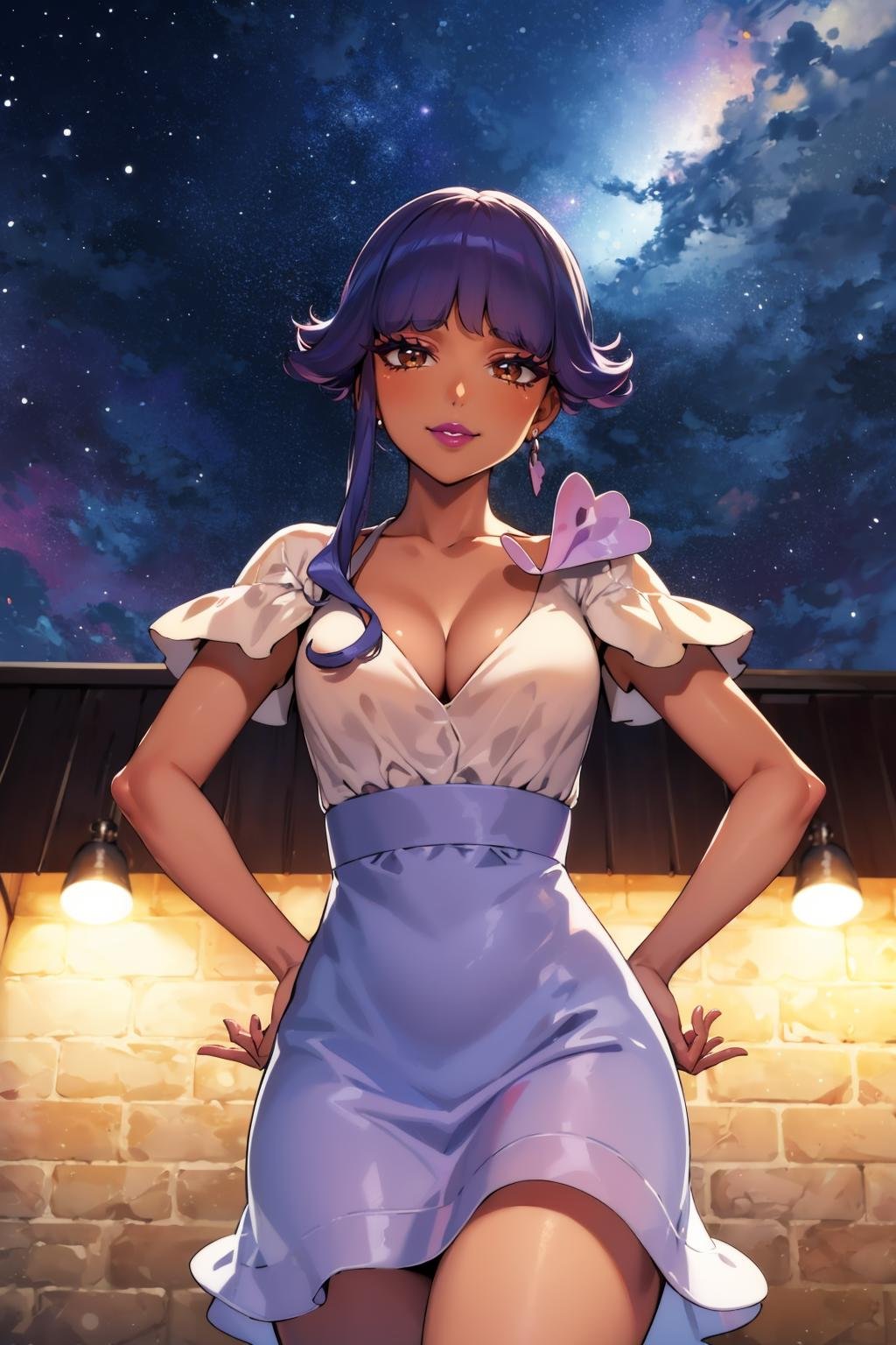 masterpiece, best quality,  <lora:tulip-nvwls-v1-000009:0.9> pkmnlip, brown eyes, dark skin, lipstick, earring, purple dress, short sleeves, cleavage, hands to hips, looking at viewer, from below, night sky, smile