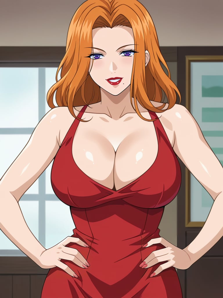 <lora:Naomi_Sakamoto-Hitozuma_Ryoujoku_Sankanbi:0.8>,Naomi,1girl,solo,orange hair,purple eyes,lipstick,mole under mouth,makeup,large breasts,red dress,cleavage,miniskirt,cowboy shot,hands on own hips,smile,looking at viewer,indoors