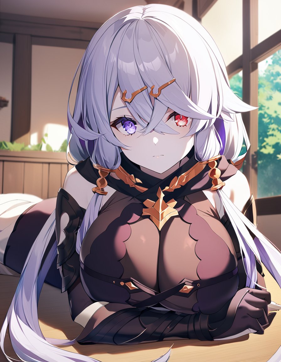 1girl, lila,breasts, heterochromia, large breasts, hair ornament, red eyes, indoors, long hair, crossed bangs, tree, twintails, pale skin, holding, bodysuit, closed mouth, bangs, cleavage, hair between eyes, low twintails, purple eyes, hairclip, white hair, bed, lying, on side,  <lora:my_lilaXL:0.8>