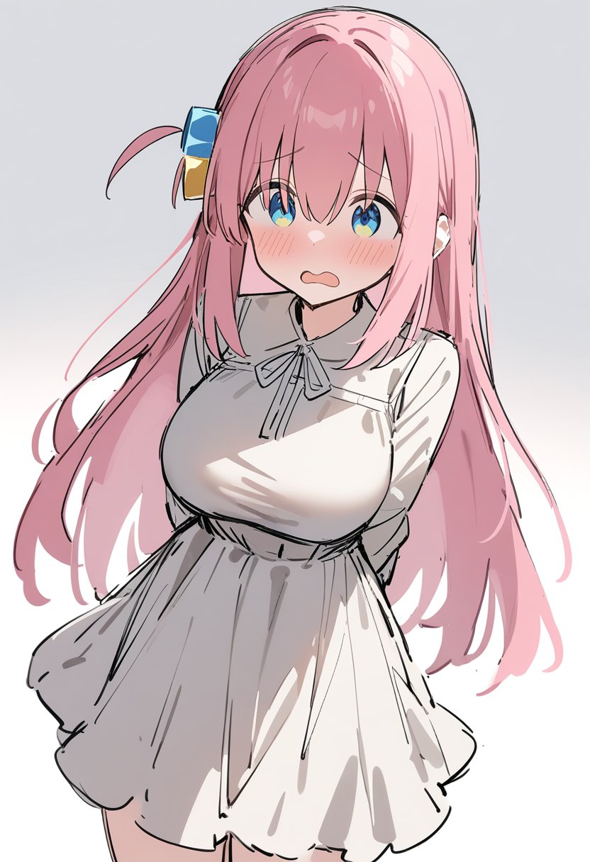 1girl, solo, gotoh hitori, bocchi the rock!, sketch,long hair, pink hair, blue eyes, large breasts, dress, frills, open mouth, wavy mouth, arms behind back,white background,masterpiece, best quality, very aesthetic, absurdres,