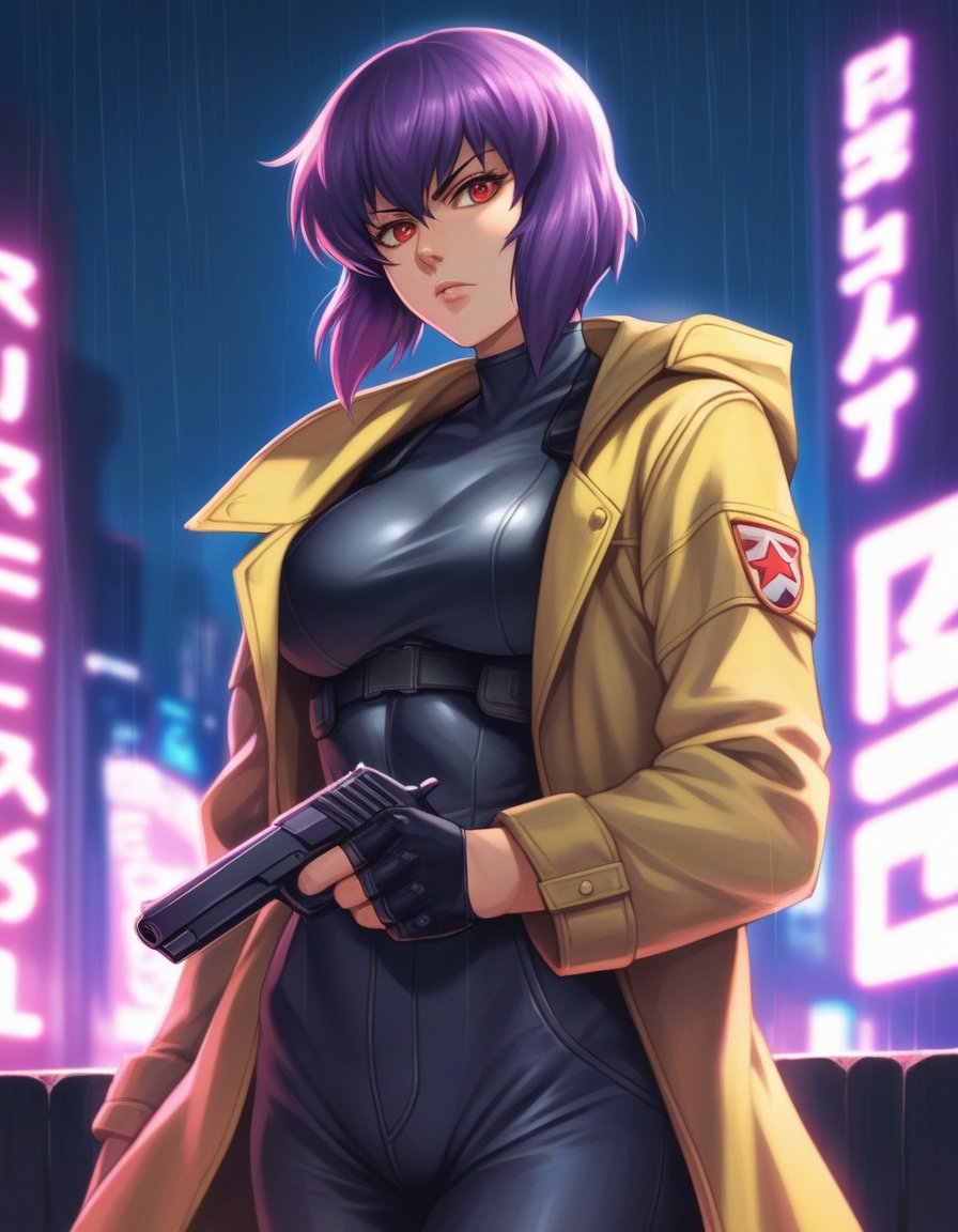 score_9, score_8_up, score_7_up, score_6_up, score_5_up, score_4_up, source_anime,1girl, solo, kusanagi motoko, ghost in the shell, purple hair, red eyes, military uniform, yellow coat, handgun, serious, night, rain, neon lights