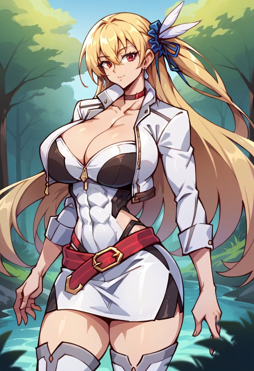 score_9, score_8_up, score_7_up, BREAK, sen3alisa, blonde hair, side ponytail, scrunchie, choker, white jacket, white dress, red belt, thigh boots, large breasts,torso, beautiful face, (revealing clothes), (tight outfit: 1.4), tall girl, abs, fit, huge bust, slut,forest background, breast implants, fake tits