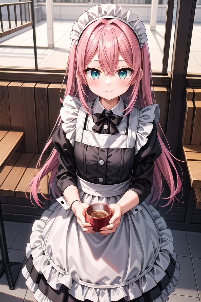 insanely detailed, absurdres, ultra-highres, ultra-detailed, best quality,1girl, solo, nice hands, perfect handsBREAK(cleavage:-1.5),(classical maid:1.2),apron, blush, bow, bowtie, frilled apron, frills, long sleeves, maid, maid apron, maid headdress, waist apron, white apron,(maid costume, maid hair dress:1.3), long skirtBREAKhappy smile, laugh, closed mouthBREAKfrom above,standing, cowboy shot, looking at viewerBREAKslender, kawaii, perfect symmetrical face, ultra cute girl, ultra cute face, ultra detailed eyes, ultra detailed hair, ultra cute, ultra beautifulBREAKin coffee shop, indoors, depth of field, ultra detailed backgroundBREAKmedium breastsBREAK(pink hair, dark green eyes), long hair, hair between eyes