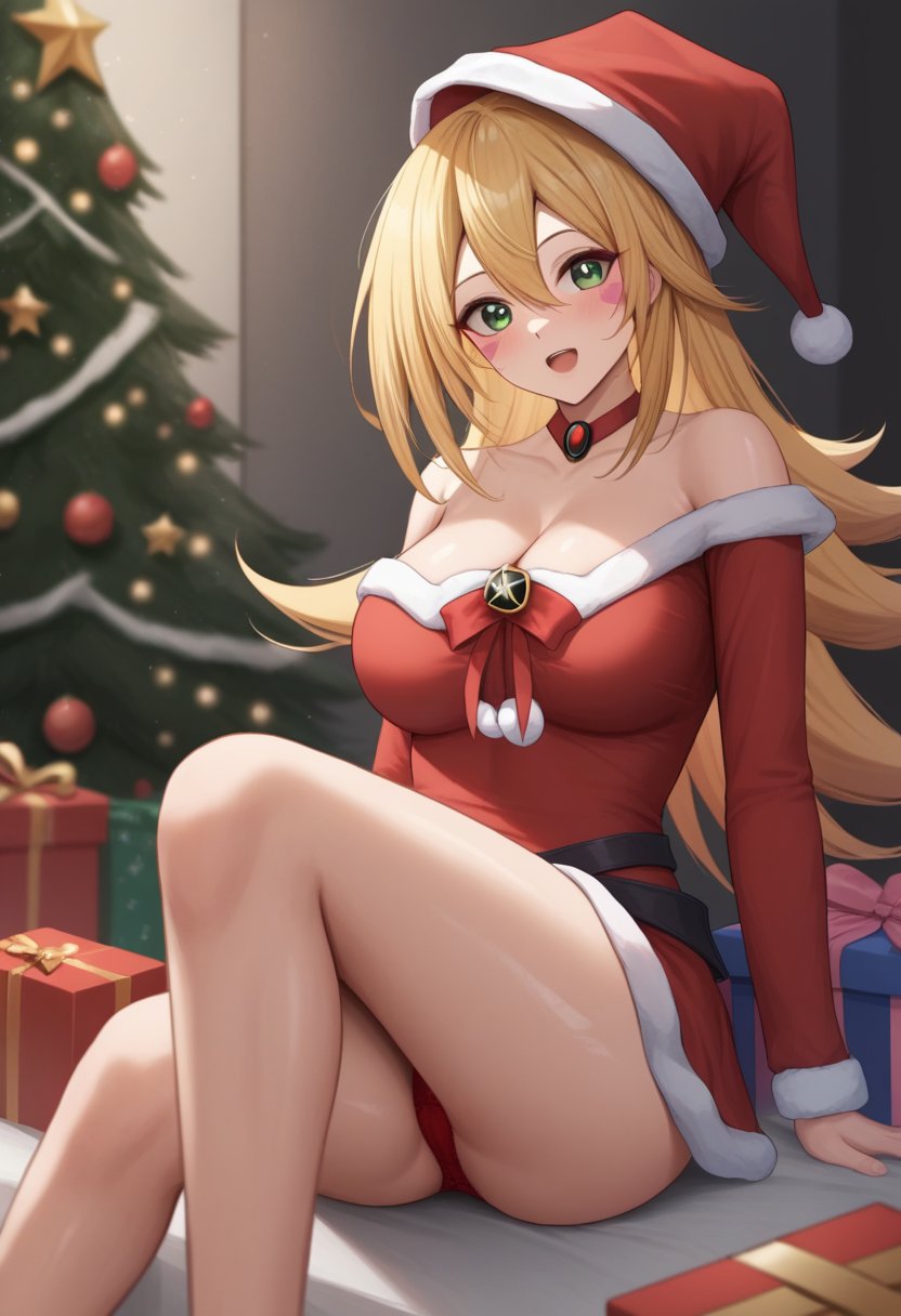 score_9,score_8_up,score_7_up,<lora:dark_magician_girl_pony:1>,1girl, :d, absurdres, bare_legs, blonde_hair, blurry_background, blush, christmas_tree, commentary_request, dark_magician_girl, duel_monster, floating_hair, fur-trimmed_dress, fur-trimmed_headwear, gift_box, green_eyes, hair_between_eyes, head_tilt, highres, looking_at_viewer, off-shoulder_dress, open_mouth, pantyshot, red_dress, red_hat, red_panties, santa_costume, santa_hat, shiny_skin, short_dress, sitting, solo, very_long_hair