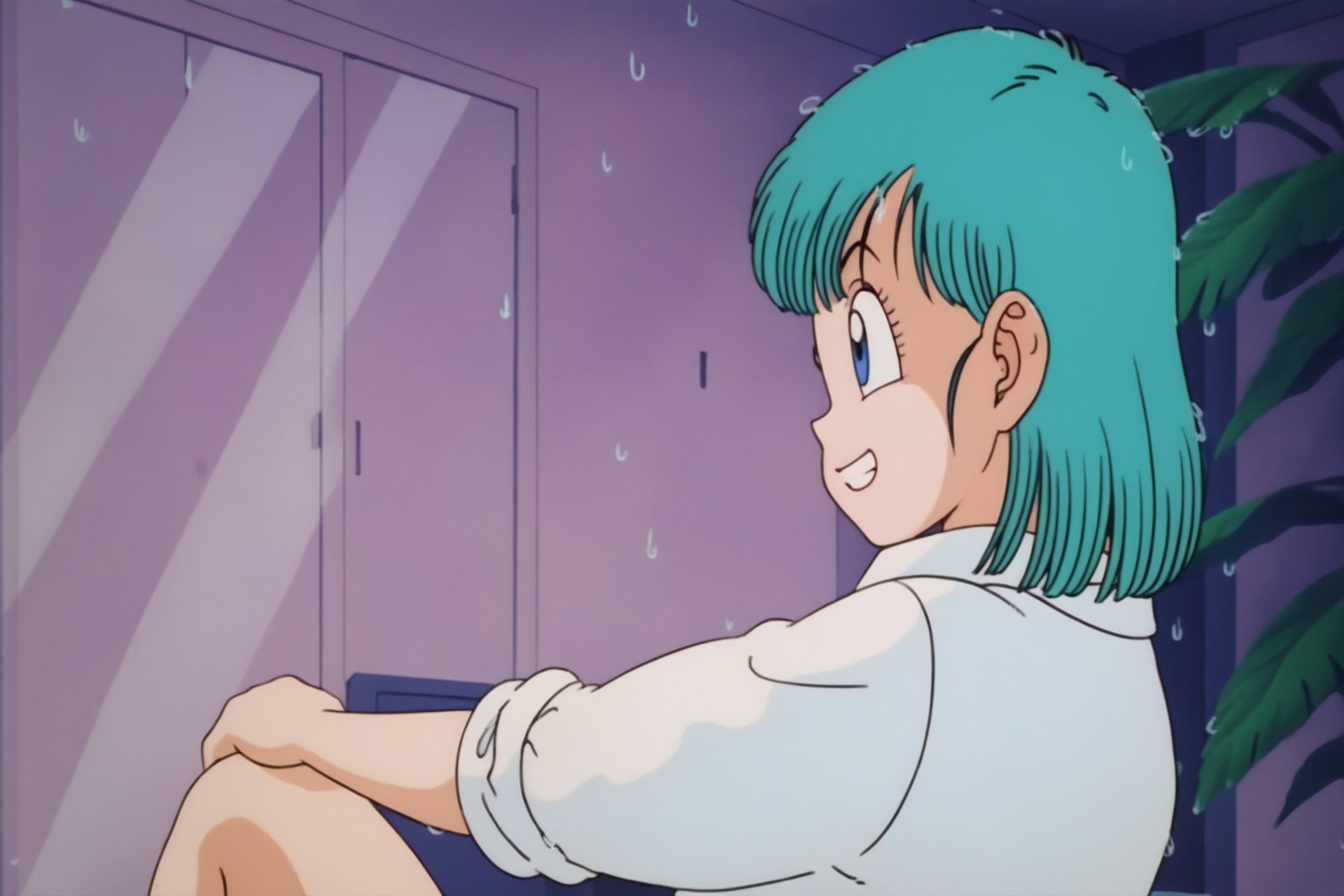 source_anime, score_9, score_8_up, score_7_up, anime screencap, bulma \(dragonball\), hands on shin, looking_outside, 1girl, solo, smile, short hair, bangs, blue eyes, shirt, sitting, white shirt, parted lips, indoors, window, aqua hair, curtains, sleeves rolled up, rain, retro artstyle, 1990s \(style\), bottomless, from side, raised eyebrows, teeth, fringe_trim, <lora:bulma_pony_v1:0.8>