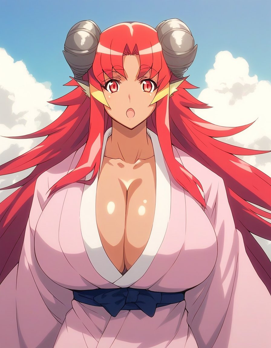 score_9, score_8_up, score_7_up, source_anime, rating_explicit, BREAK  <lora:Kurenai_XL:1> Kurenai, horns, red hair, very long hair, red eyes, huge breasts,  dark skin, muscular female, 1girl, cleavage, open mouth, dragon girl, zoom up, clause up, pink kimono,sky, cloud.