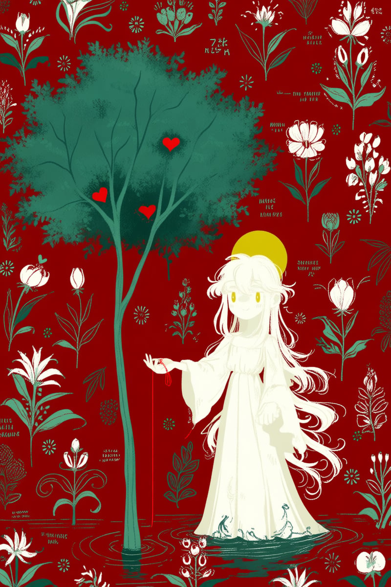 @jsslnst,  The image depicts a stylized figure standing beside a tree against a rich red background filled with floral pat...