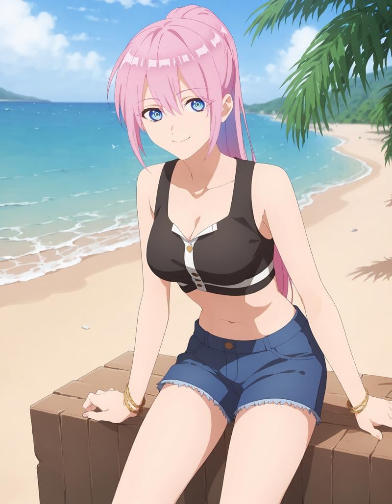 score_9, score_8_up, score_7_upBREAK 1girl, <lora:ShikimoriXL-v1:1>, skmr, ponytail, sleeveless shirt, black shirt, cleavage, midriff, navel, denim shorts, blue shorts, smile, beach