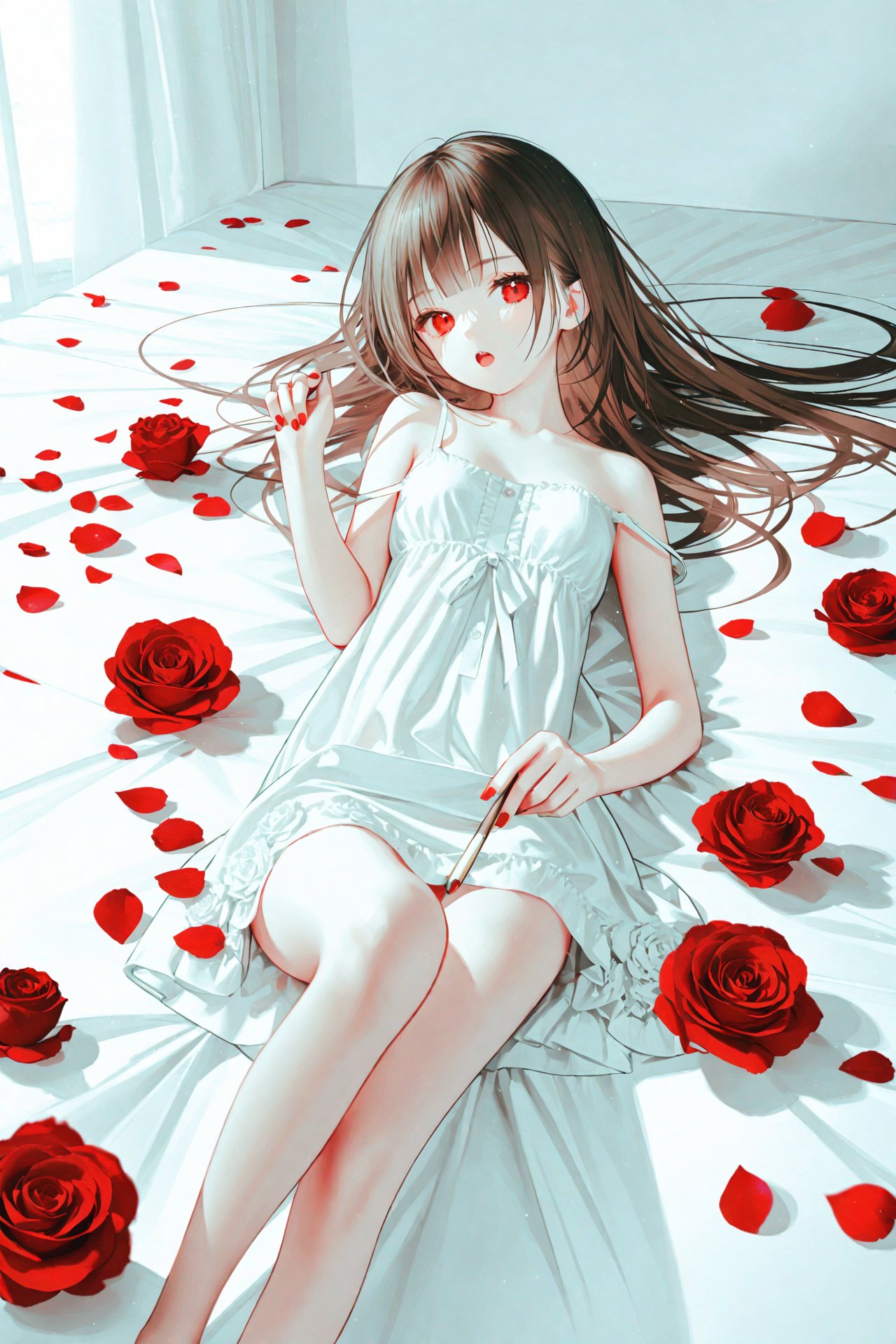 masterpiece,best quality,illustration,ultra detailed,hdr,Depth of field,(colorful),[Artist chen bin],[iumu],[Artist omone hokoma agm],Artist roha,1girl,solo,petals,red eyes,long hair,lying,brown hair,flower,on back,rose,looking at viewer,strap slip,open mouth,nail polish,red flower,bare shoulders,rose petals,bed sheet,bare arms,dress,white dress,red rose,sleeveless,red nails,breasts,sleeveless dress,holding,curtains,