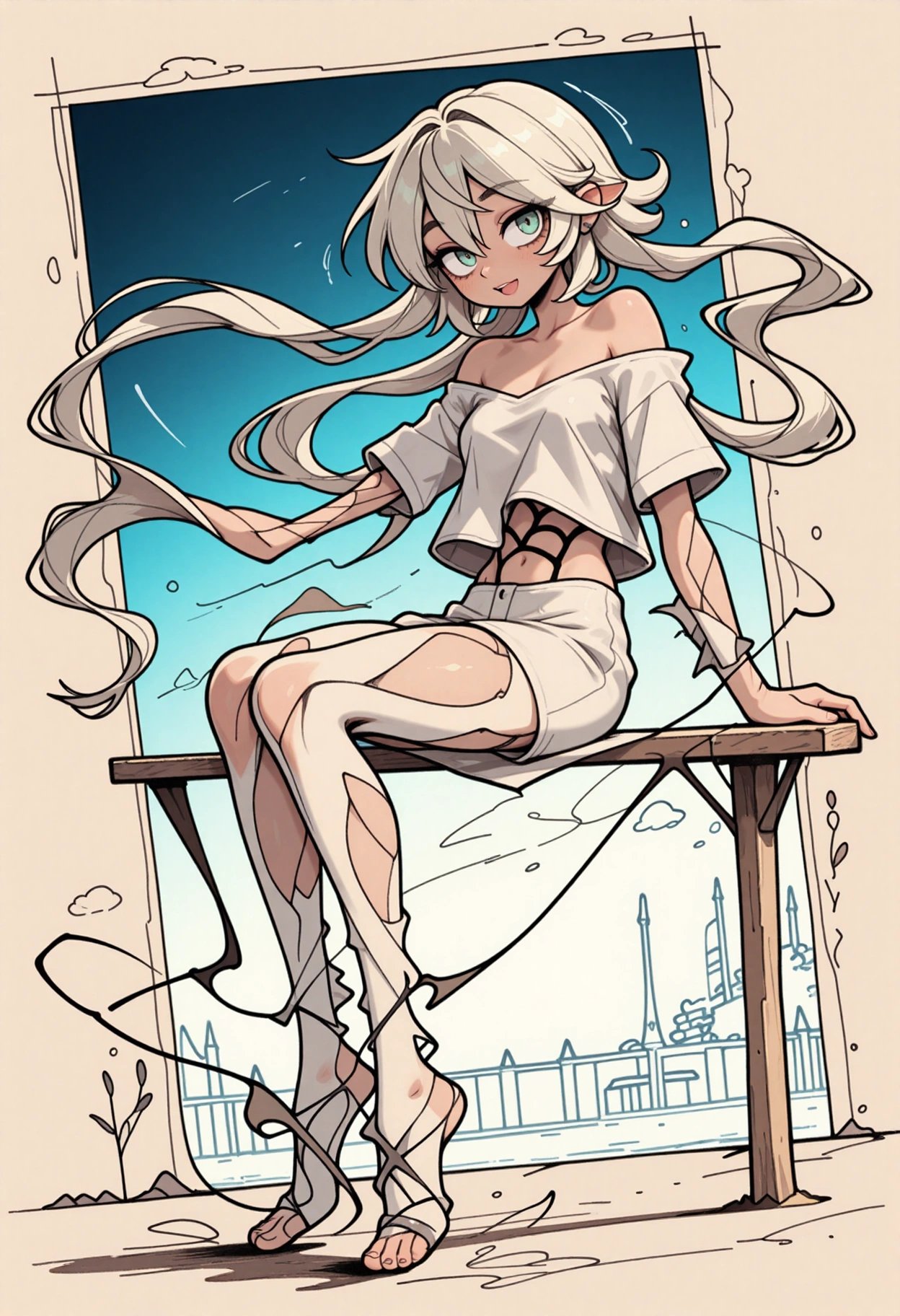 A whimsical,  full-body hand-drawn illustration of a slender character with elongated,  spindly limbs and a small by inkno...