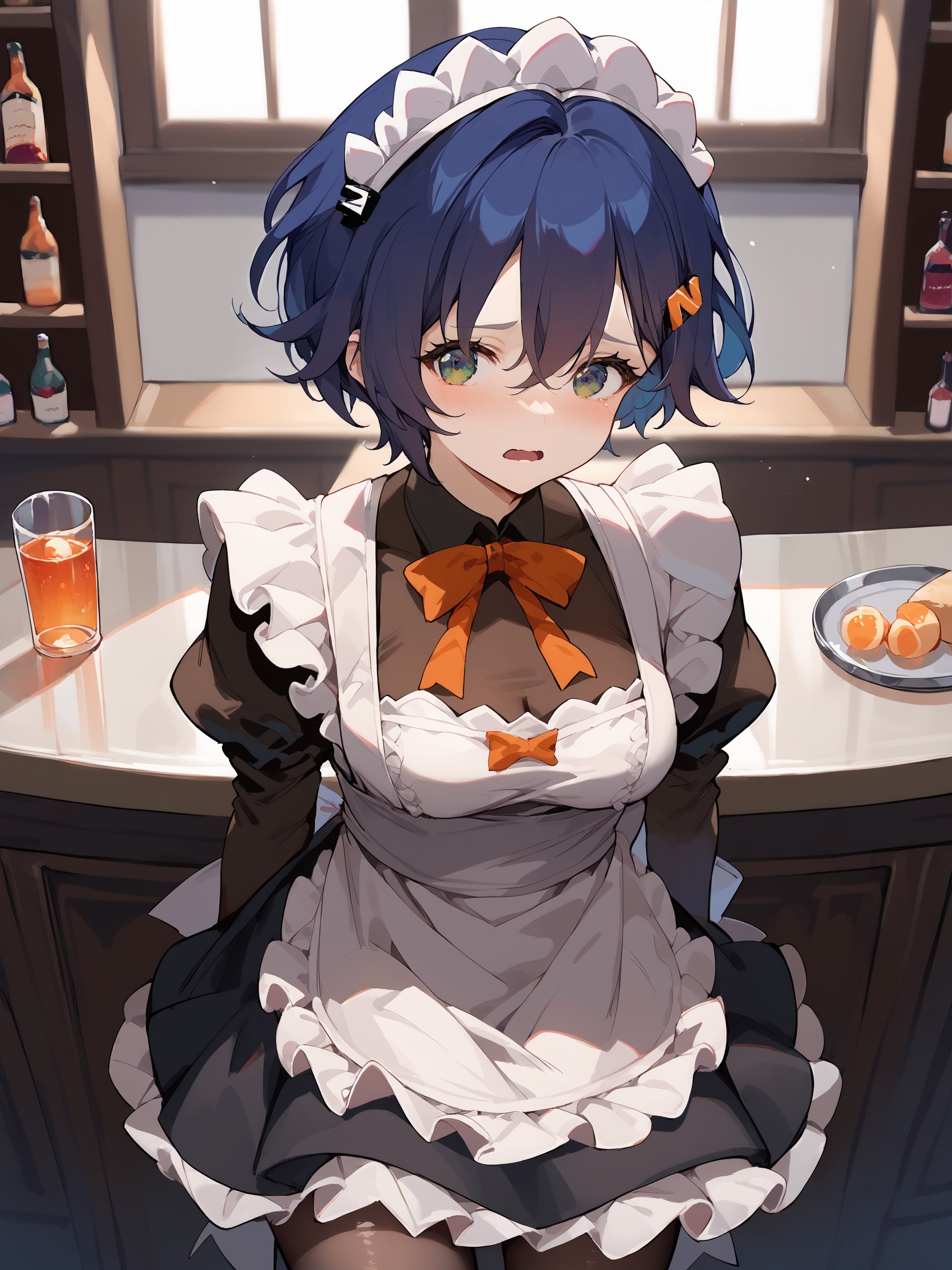 score_9, score_8_up, score_7_up, source_anime, 1girl, belle \(zenless zone zero\), hairclip, solo, maid, maid headdress, maid apron, embarrassed, pantyhose, open mouth, blush, parted lips, looking at viewer, cowboy shot, bar \(place\), indoors, depth of field <lora:Char-ZZZ-Belle-Pony-V1:0.9>