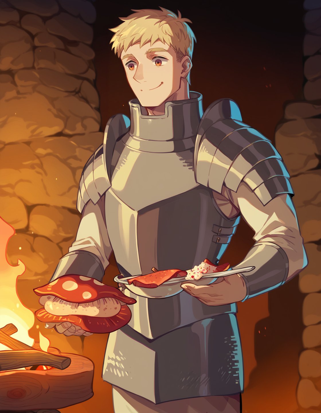 score_9, score_8_up, score_7_up, score_6_up, source anime, BREAK<lora:dungeon_meshi_collection:1> soialpnxl, laios thorden, 1boy, dungeon meshi, male focus, armor, food, campfire, cooking, mushroom, closed mouth, smile, solo, cowboy shot