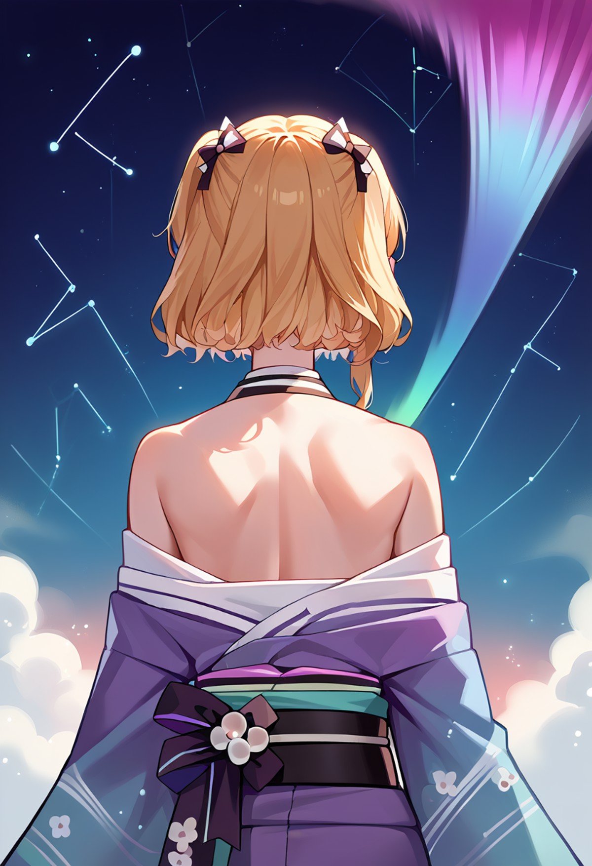 score_9, score_8_up, source_anime, 1girl, solo, KurumiNoah, short hair, two side up, hair ribbons, aurora, back, bare back, bare shoulders, constellation, from behind, kimono, light particles, long sleeves, off shoulder, <lora:ChamKurumiNoahPonyXL:1>