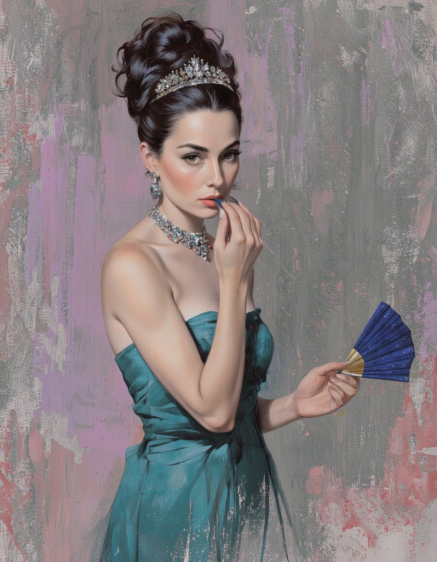 RobGin style. A digitally illustrated portrait of a woman with dark hair styled in an elegant updo,  wearing a teal strapl...
