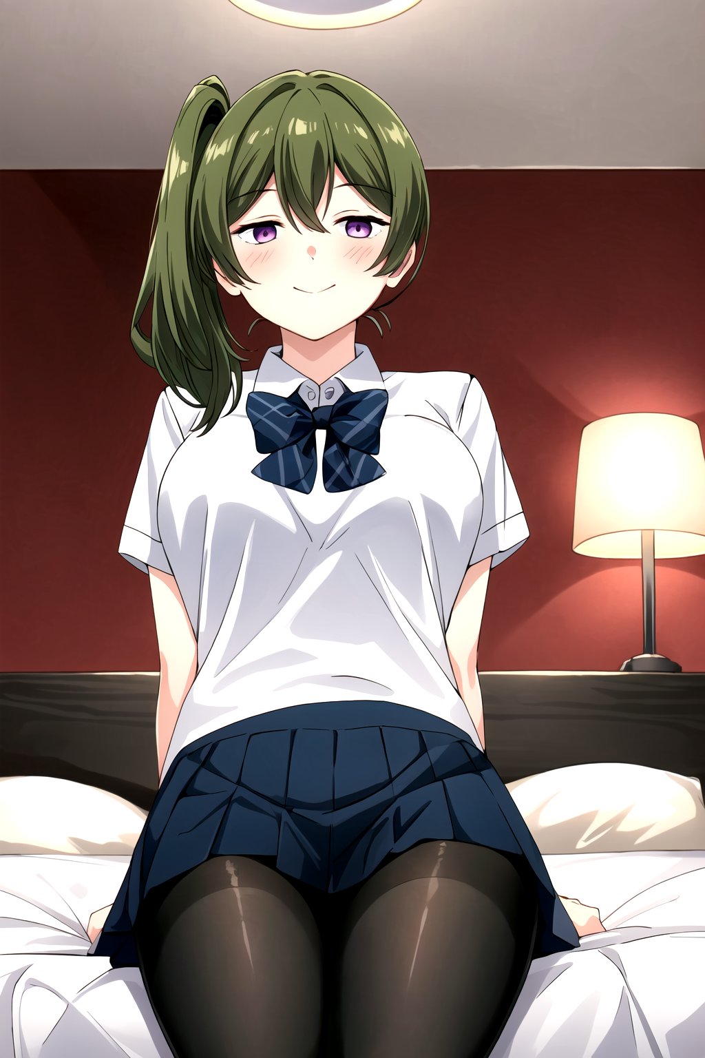 (masterpiece, best quality, highres, dynamic lighting), <lora:add_detail:0.4>, looking at viewer, blush, closed mouth, happy, mature female, large breasts, looking at viewer, on bed, bedroom, <lora:ubel-10:0.7>, ubel, side ponytail, school uniform, arms behind back, sitting, from below, black pantyhose