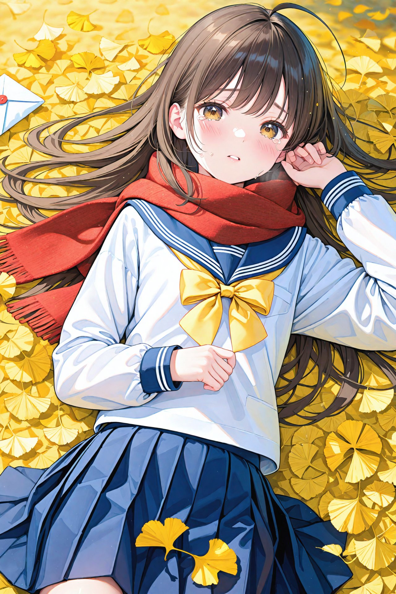 (masterpiece),(best quality),illustration,ultra detailed,hdr,Depth of field,(colorful),1girl,solo,school uniform,skirt,scarf,lying,serafuku,on back,long sleeves,autumn,blue skirt,looking at viewer,sailor collar,bow,brown eyes,long hair,tears,autumn leaves,bangs,blue sailor collar,shirt,parted lips,pleated skirt,white shirt,envelope,ahoge,blurry,red scarf,black hair,crying,leaf,letter,crying with eyes open,yellow bow,outdoors,brown hair,bowtie,ginkgo leaf,from above,tearing up,blush,