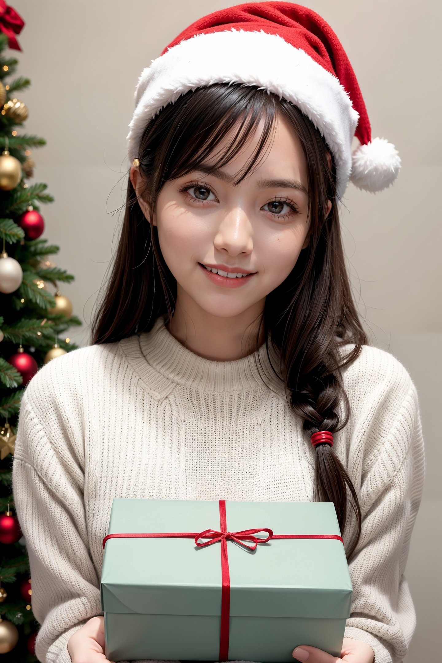 1gril,Christmas theme,long hair,sweater,smile,reciving  a gift