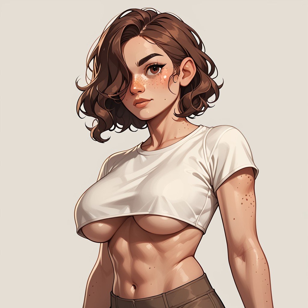 (GeGe:1.5), (woman, brunette, brown eyes), score_9, score_8_up, score_7_up, score_6_up, (freckles:1.5), large breasts, tight white low-cut crop top, underboob, long wavy brown hair, hair over one eye, , <lora:3b8ad10f-838f-40a5-ab9f-78dde6fb1da5:0.7>