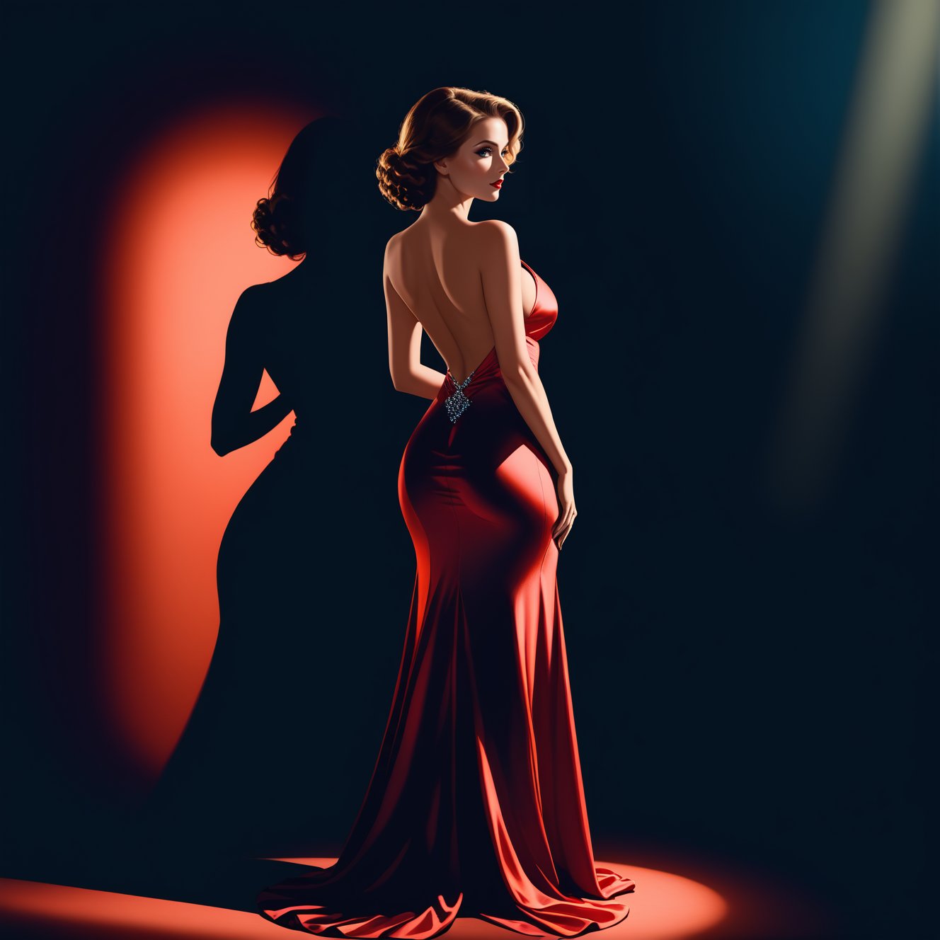 Raw photo, realistic:1.3 cinematic photogenic, film noir, long satin dress, from behind, ass, beautiful adult woman,  standing, 8k resolution, (hard shadows, 