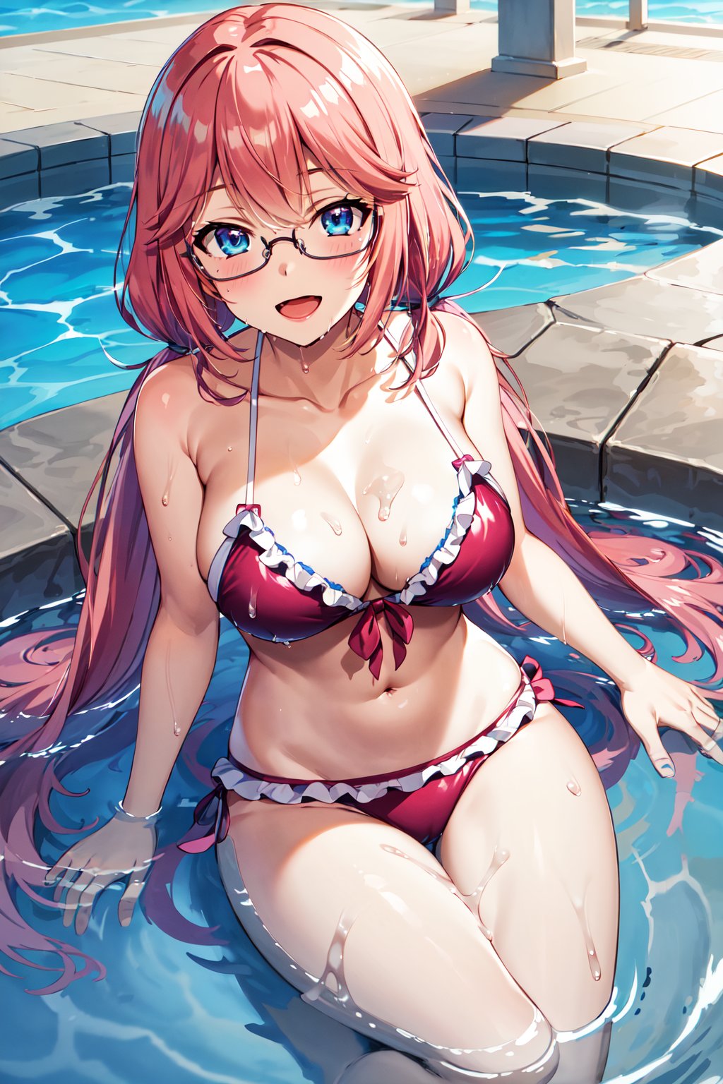 masterpiece, best quality, highres, 1girl, solo, long hair, pink hair, low twintails, blue eyes, glasses, large breasts, <lora:sakura_airi_v1:0.7>, frilled bikini, poolside, wet, partially submerged, water, smile, open mouth,