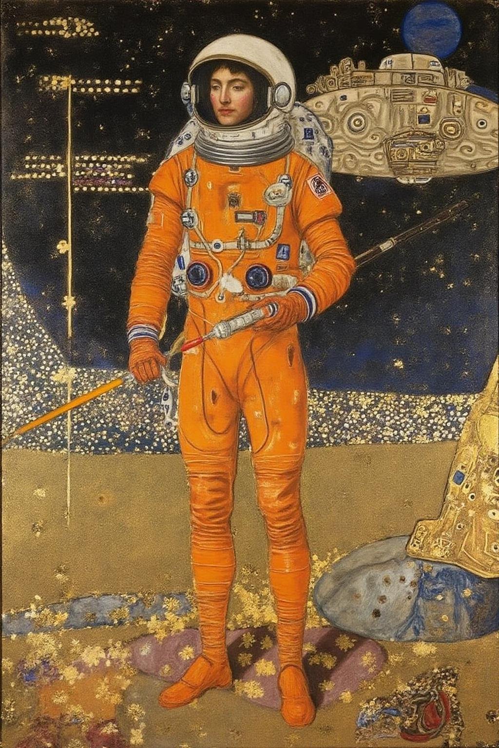 kl1mt painting. A serene astronaut,  wearing a slick futuristic orange space suit,  holding a giant laser by NobodyButMeow...