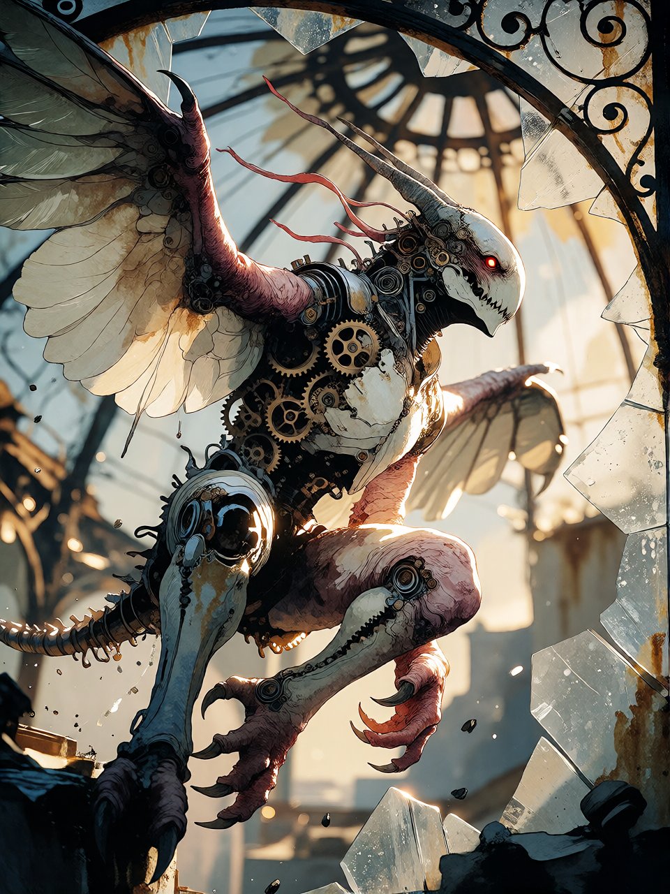 Bradhamel art style,  highly detailed illustration of a biomechanical creature with organic and mechanical fusion,  featur...