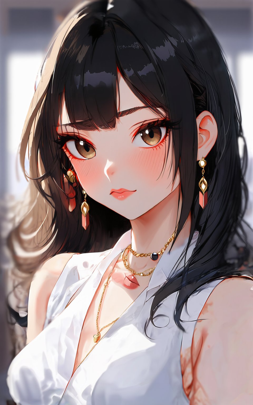 anime style, anime girl,long hair,looking at viewer,shirt,black hair,brown eyes,jewelry,collarbone,white shirt,upper body,earrings,necklace,mole,lips,makeup,blurry background,wavy hair,messy hair