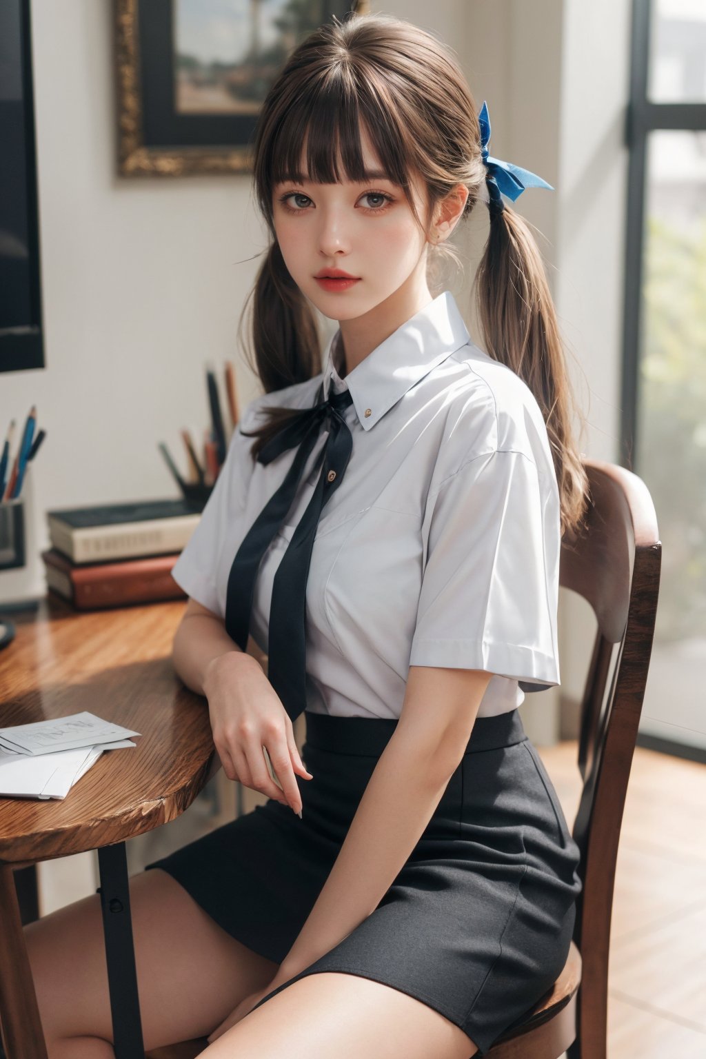 masterpiece,ultra high res,realistic,finely detail,extremely detailed,1girl,solo,skirt,chair,sitting,shirt,low twintails,long hair,looking at viewer,short sleeves,indoors,white shirt,brown hair,realistic,bangs,blurry,black skirt,ribbon,blurry background,blue ribbon,brown eyes,on chair,blunt bangs,hand on own knee,collared shirt,pencil skirt,depth of field,table,desktop,<lora:add_detail:0.5>,