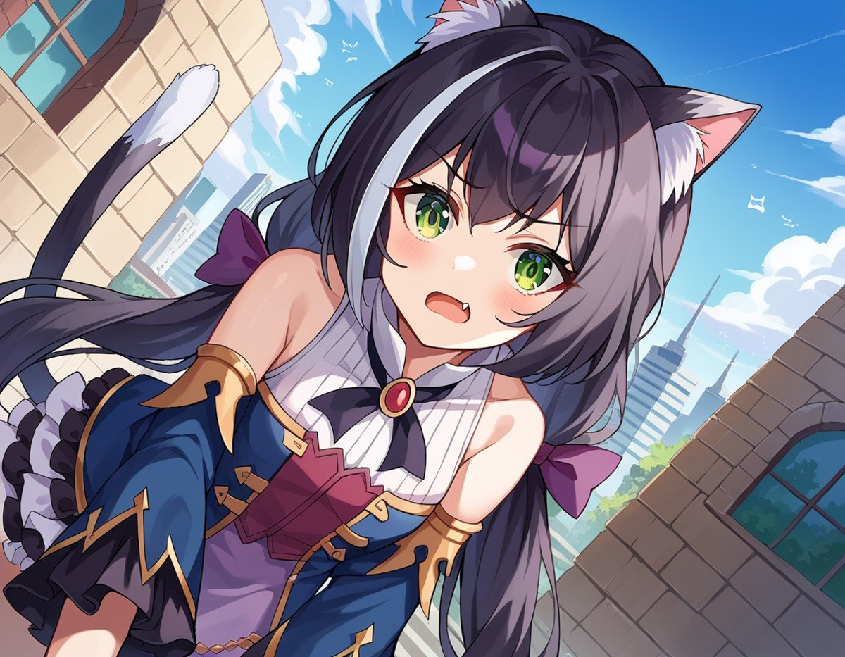 score_9, score_8_up, score_7_up, source_anime,princessconnectkaryl, <lora:princess-connect-karyl-ponyxl-lora-nochekaiser:1>karyl, animal ear fluff, animal ears, black hair, black ribbon, cat ears, cat girl, cat tail, fang, green eyes, hair bow, long hair, low twintails, multicolored hair, purple bow, ribbon, skin fang, streaked hair, tail, twintails, vertical stripes, white hair,arm support, blue sleeves, bow, brooch, detached sleeves, dress, frilled sleeves, frills, multicolored clothes, multicolored dress, neck ribbon, sleeveless, sleeveless dress, striped,outdoors, cityscape, bent over,looking at viewer, dutch angle, cowboy shot