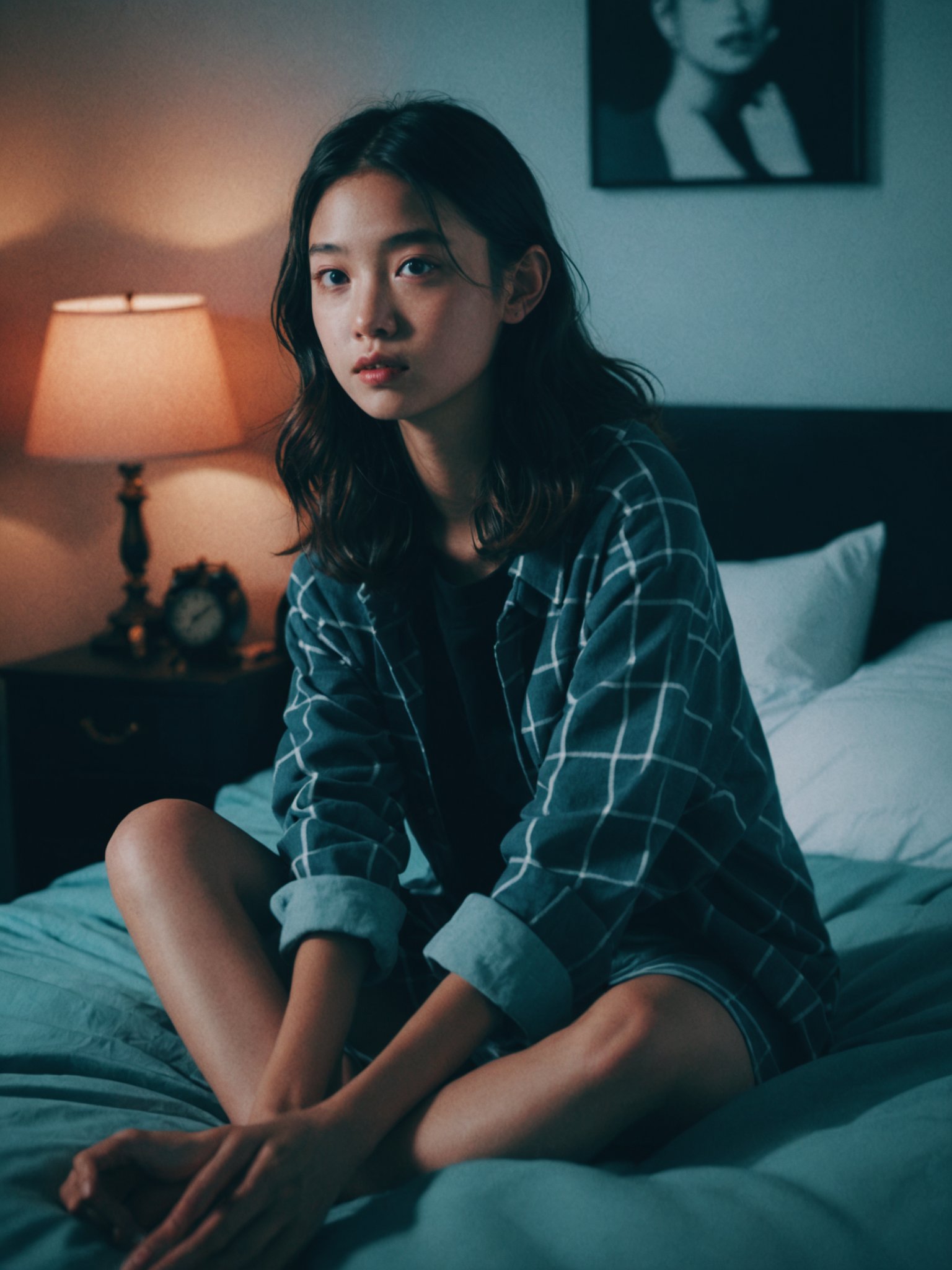 1girl,1 girl,sit,crossing leg bed detailed,dark,rim light,(lofi, analog, ) by Brandon Woelfel,