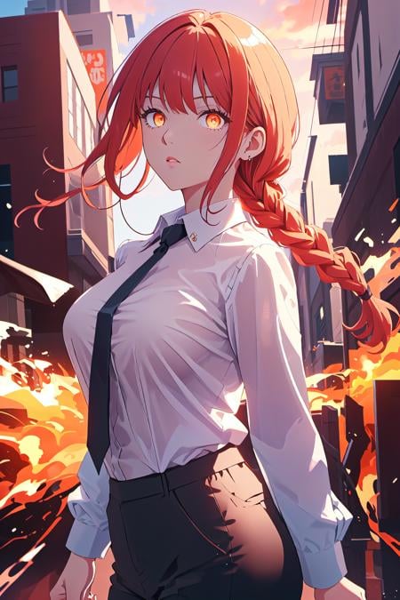 <lyco:Makima:1>, single braid, makimav1, orange eyes, ringed eyes, glowing eyes, 1girl, large breasts, white collared shirt, black pants, black necktie, cowboy shot, arms at sides, looking at viewer, serious