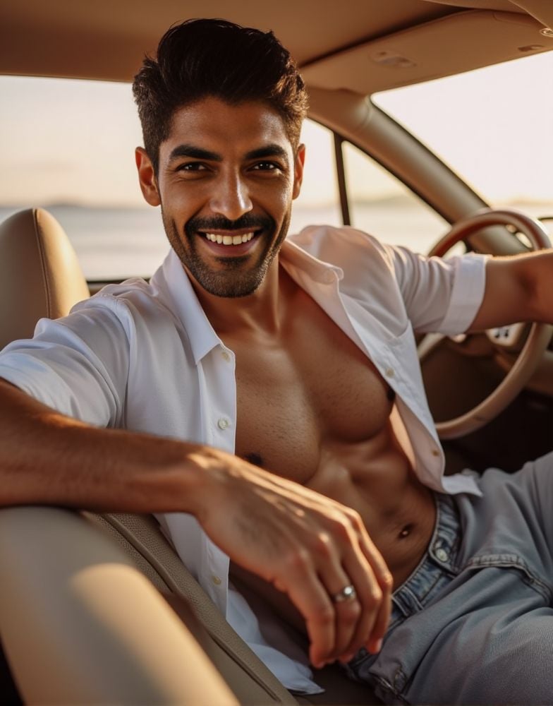Smaran Sahu ,  male focus. shirtless smiling. editorial. empathetic eyes. sitting in the passenger seat of a car. natural...