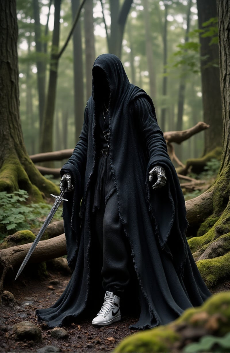 a full body Nazgûl  wearing a cloak is holding a sword with intricate details in the forest. He wears white nike air jordan<lora:Nazgûl:0.9>