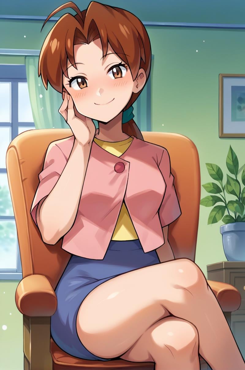 score_9, score_8_up, score_7_up, score_6_up, score_5_up, score_4_up, source_anime, rating_explicit, BREAK 1girl, <lora:Delia_Ketchum:1>, deliaketchum, brown hair, low ponytail, ahoge, brown hair, aqua scrunchie, deliahome, layered clothes, pink shirt, yellow shirt, pink button, blue skirt, thighs, looking at viewer, half-closed eyes, smile, crossed legs, hand on own cheek, chair, living room