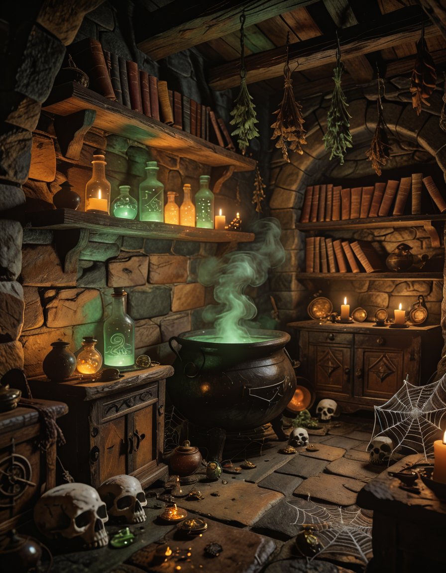 w1tch h0us3,  dimly lit interior,  flickering candle light by user_796276753583649769 on Tensor.Art