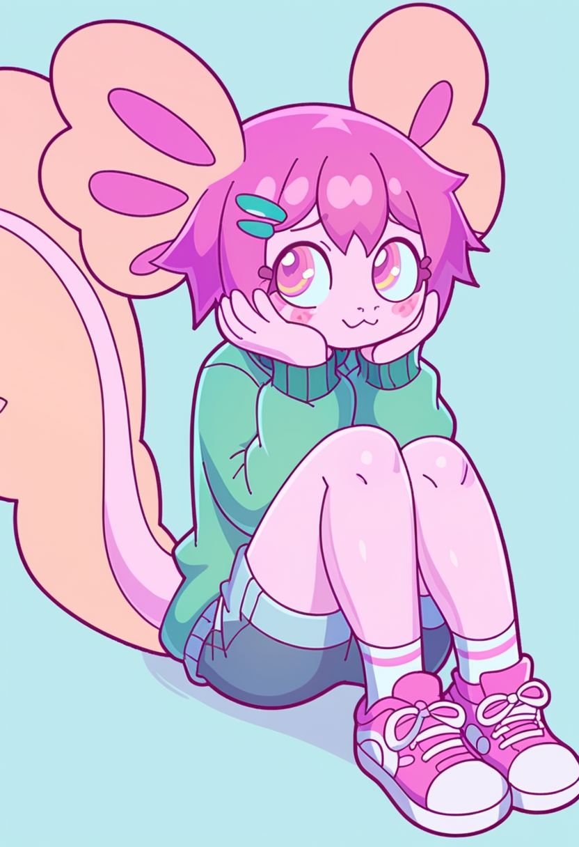 (score_9, score_8_up:1.1), score_7_up,1girl, solo, short hair, hair ornament, long sleeves, animal ears, sitting, closed mouth, tail, full body, pink hair, shoes, shorts, socks, hairclip, pink eyes, sweater, short shorts, :3, colored skin, blush stickers, sneakers, knees up, furry, multicolored eyes, furry female, pink footwear, hands on own face, pink skin