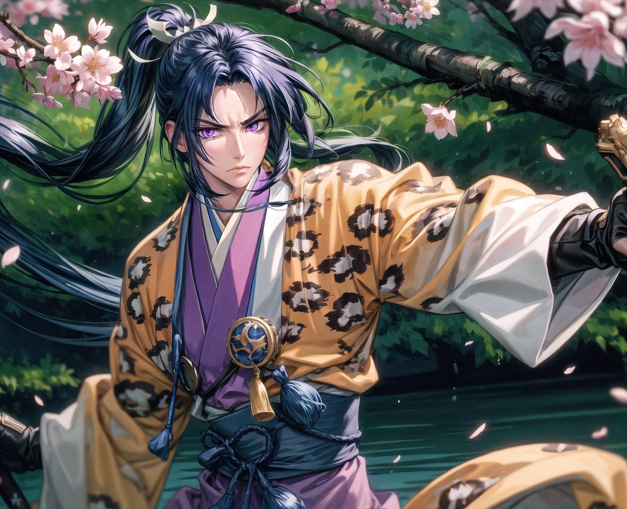 (masterpiece, best quality:1.3), 8k resolution, digital illustration, 3d, original, 2d, traditional media, cinematic, ultra-detailed portrait, hyperdetailed, (deep depth of field:1.3), y0rihisa, 1boy, bishounen, samurai, manly, male focus, (leopard print), Japanese clothes, belt, fingerless gloves, cowboy shot, fighting stance, (holding sword:1.3), planted sword, erious, japanese architecture, warrmth, detailed face, focus, smile, v-shaed eyebrows, facing viewer, purple hair, purple eyes, hair intakes, high ponytail, looking at viewer, floating hair, fingerless gloves, dynamic posture, volumetric lighting, bloom, petals, cherry_blossoms, (extremely detailed), intricate details<lora:EMS-179-EMS:0.200000>, <lora:EMS-91280-EMS:0.300000>, <lora:EMS-365546-EMS:0.900000>