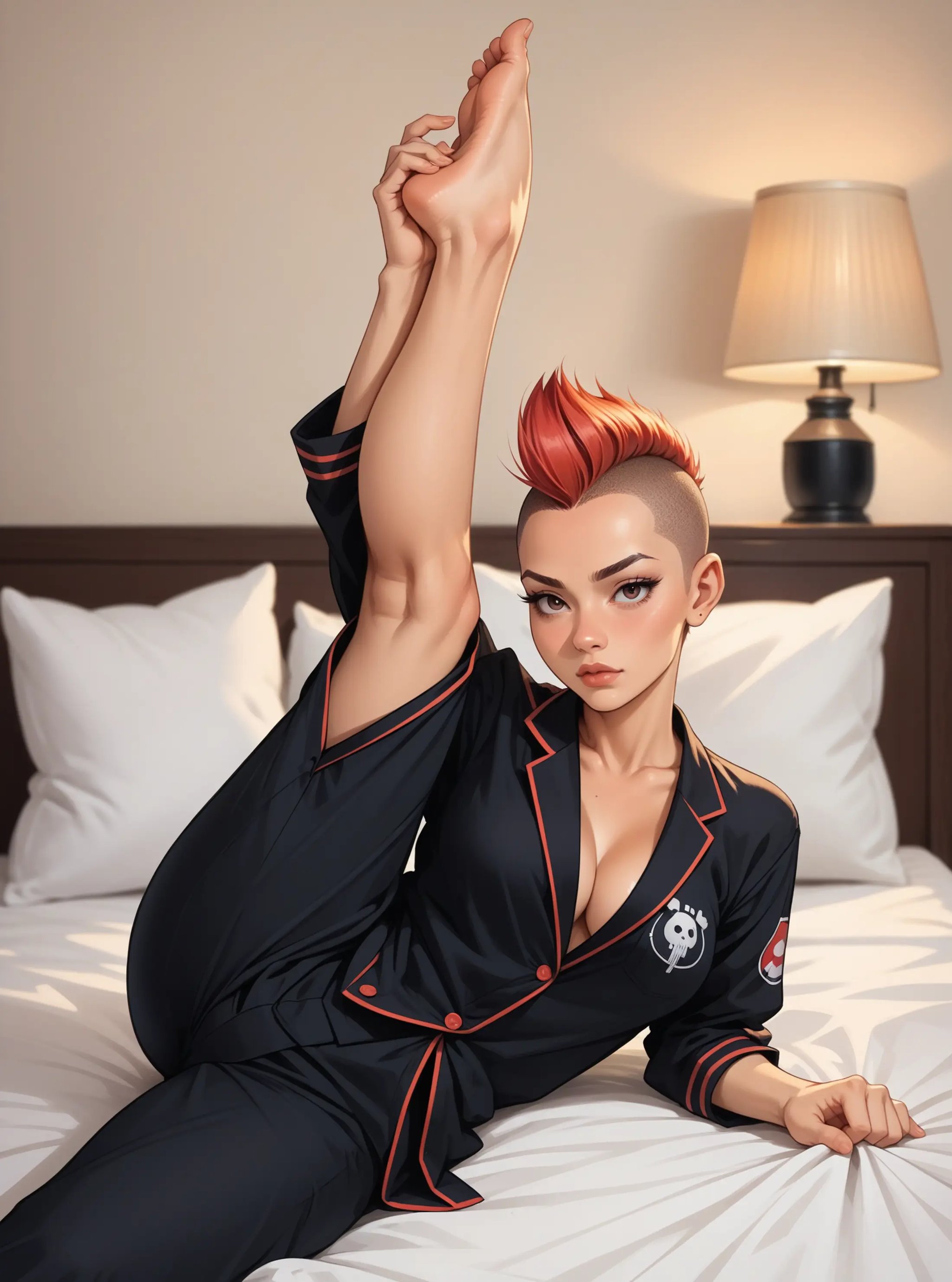 score_9, score_8_up, score_7_up, score_6_up, 1girl, solo, red Short Mohawk with Shaved Sides hair, large breasts, black pajamas, hud_v_b_pse, lying, on side, leg up, flexible, <lora:legup:0.7>, bed, pillow, lamp