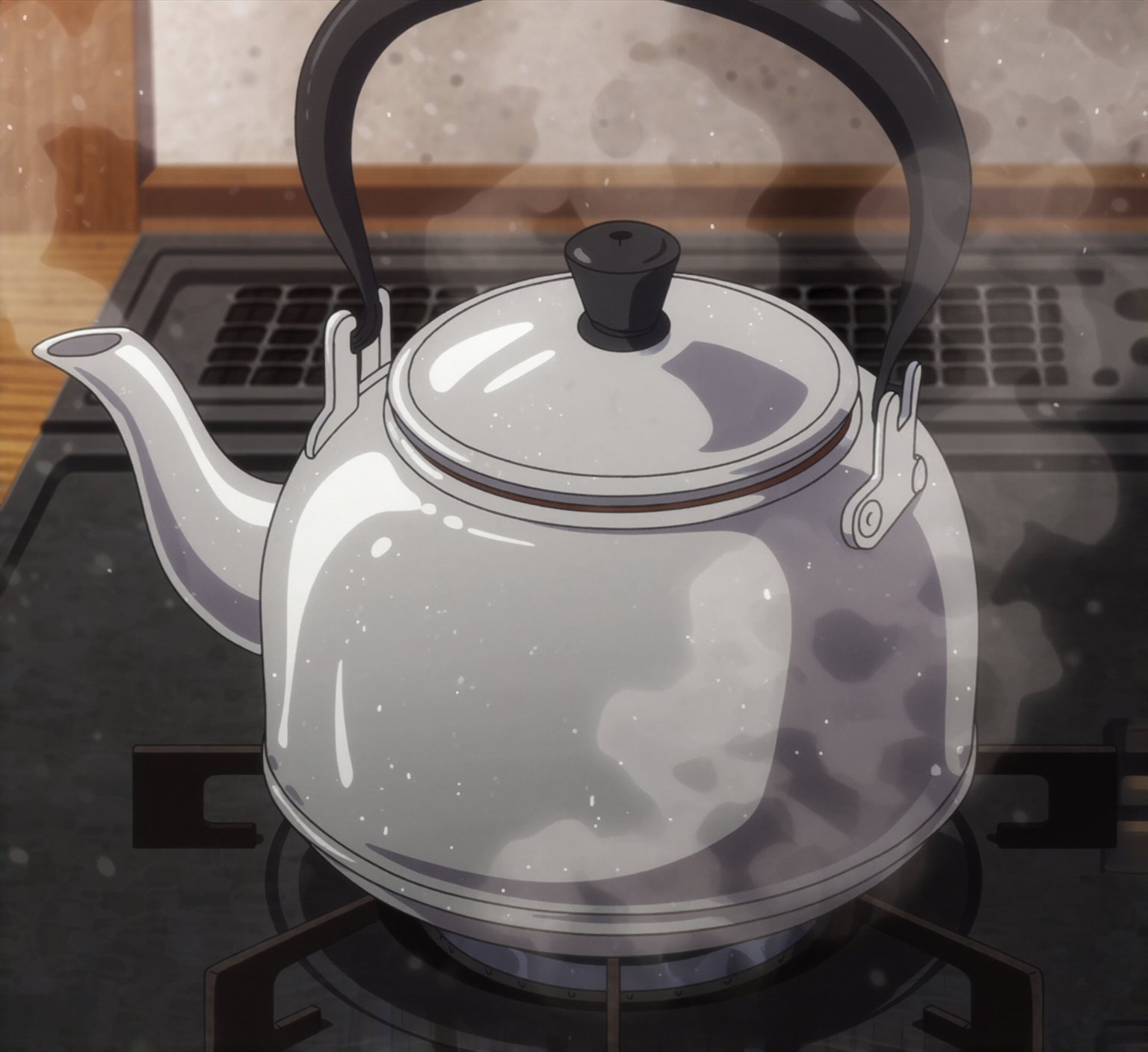 An anime style illustration.A tea kettle on a stove,  close-up,  blurry background and depth of field. The kettle is whist...