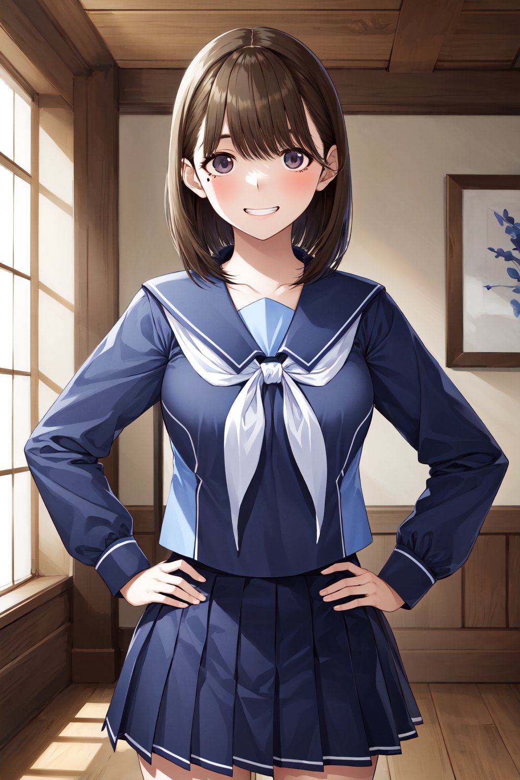 masterpiece, best quality, highres, aanene, short hair, blue serafuku, blue shirt, long sleeves, blue sailor collar, white neckerchief, pleated skirt, blue skirt, <lora:anegasaki_nene_v1:0.7>, standing, cowboy shot, indoors, hand on hip, evil grin,