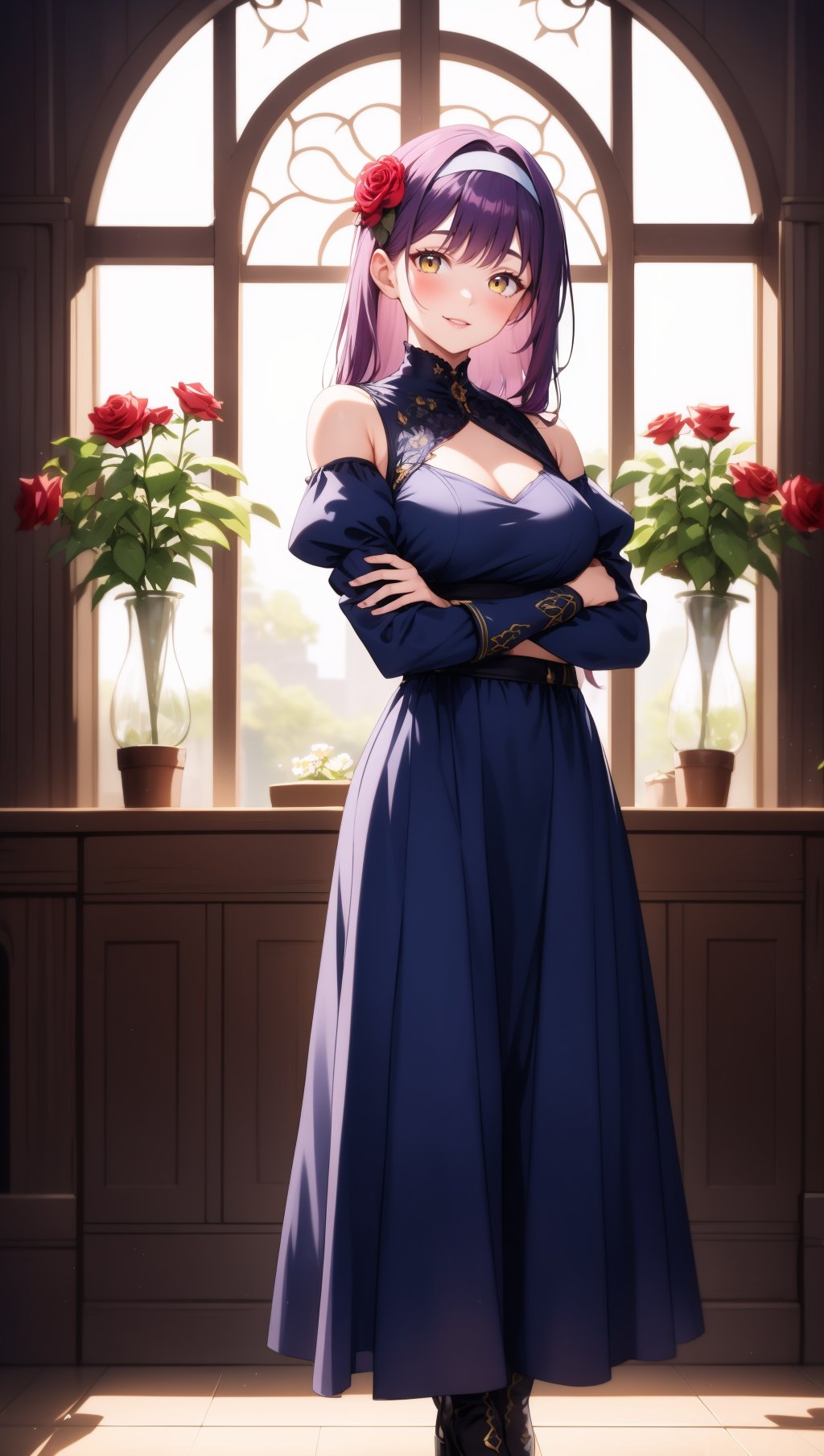 masterpiece, best quality, intricate details, 1girl, solo, dress, flower, long hair, full body, standing, looking at viewer, purple hair, crossed arms, black footwear, black dress, yellow eyes, boots, long sleeves, red flower, detached sleeves, rose, smile, pink flower, hair ornament, hair flower, white flower, plant, blue dress, window, puffy sleeves, red rose, blue flower, bare shoulders, medium breasts, parted lips, watson cross, blush, hairband